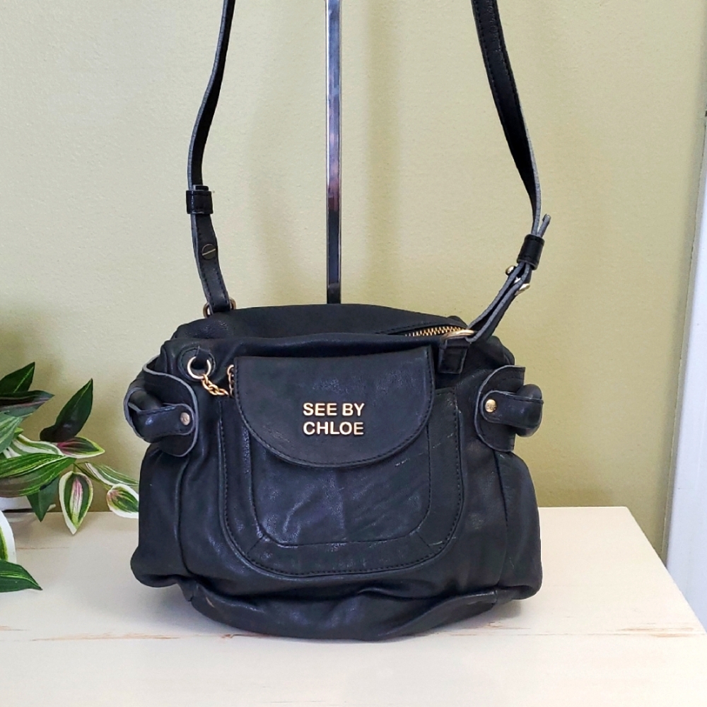 See By Chloe Black Shoulder Bag with Adjustable Strap and Text
